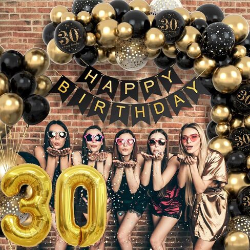 30th Birthday Decorations for Him - Easy-Prep Party Decor Balloon Arch Kit - Vintage Tasteful - Black/Gold Tone Dday Set with Happy Birthday Banner, 40 inch Number 30 Foil Balloon in Saudi Arabia