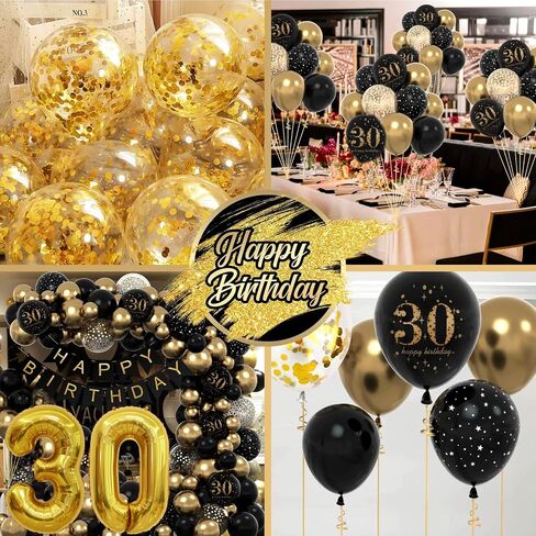 30th Birthday Decorations for Him - Easy-Prep Party Decor Balloon Arch Kit - Vintage Tasteful - Black/Gold Tone Dday Set with Happy Birthday Banner, 40 inch Number 30 Foil Balloon in Saudi Arabia