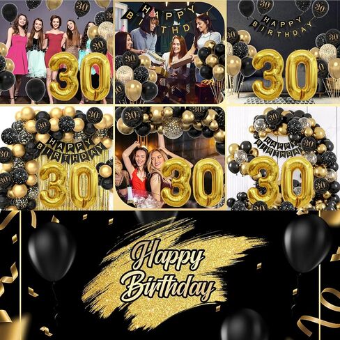 30th Birthday Decorations for Him - Easy-Prep Party Decor Balloon Arch Kit - Vintage Tasteful - Black/Gold Tone Dday Set with Happy Birthday Banner, 40 inch Number 30 Foil Balloon in Saudi Arabia