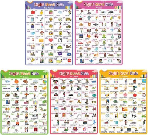 Zwttey 5 Pcs 220 Sight Words Learning Poster with Pictures & Sentences, Kindergarten Pre-school Classroom Supplies, Teacher Teaching Aids, 5 Sheets, A4 Size 8.26 X 11.22 Inch in Saudi Arabia