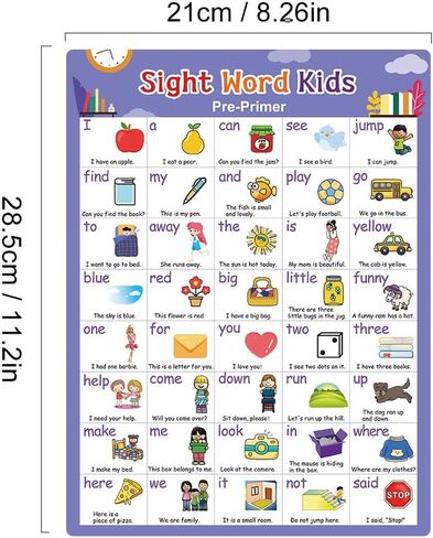 Zwttey 5 Pcs 220 Sight Words Learning Poster with Pictures & Sentences, Kindergarten Pre-school Classroom Supplies, Teacher Teaching Aids, 5 Sheets, A4 Size 8.26 X 11.22 Inch in Saudi Arabia
