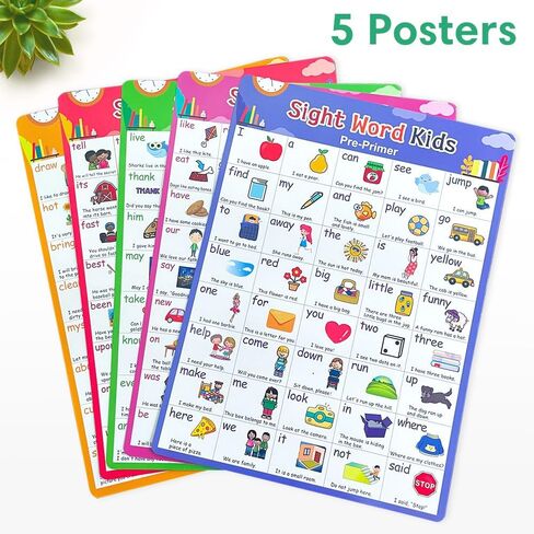 Zwttey 5 Pcs 220 Sight Words Learning Poster with Pictures & Sentences, Kindergarten Pre-school Classroom Supplies, Teacher Teaching Aids, 5 Sheets, A4 Size 8.26 X 11.22 Inch in Saudi Arabia