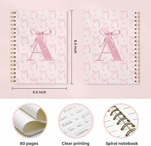 Coquette Preppy Pink Bow Spiral Notebook, Initial A Journal Personalized Teen Girl Gifts, Trendy Personalized Gifts for Women Teen Girl, Funky Girly Style Hardcover Spiral Notebook 5.5x8.3 in Kuwait
