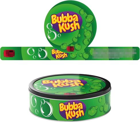 قصدير ختم ذاتي 100 مل يمكن ملصقات - ملصقات غطاء وملصقات جانبية - 3.5G CALI Press -in Tin Stickers فقط - Bubba Kush T2 X60 in Kuwait