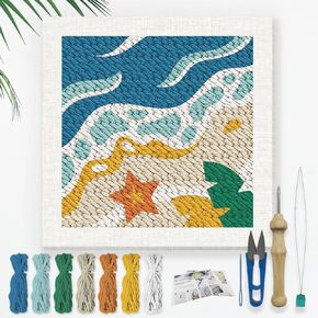 DOODLREAM BEACH DIY Punch Needle تطريز للمبتدئين البالغين ، 9.4 "Summer Sea Wave Punch Stitching Craft Latter مع إطار ، نمط النسيج ، الخيوط ، الغزل ، إبرة قرصة in Kuwait