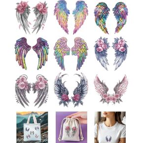 9pcs قوس قزح قوس قزح Rose Angel Wings الحديد على نقل القمصان لفرك على ملصقات التحويلات فينيل جاهزة للضغط على الحديد على شارات للملابس القمصان DIY الحرف اليدوية in Saudi Arabia