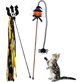 Halloween Cat Teaser Wand, 2 Pack Interactive Cat Wands Toys with Pumpkin Witch Spider and Trident Skull Tassels, Fun Exerciser for Kittens and Cats in Saudi Arabia