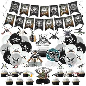 Gun Birthday Party Decorations - Gun Party Supplies including Happy Birthday Banner, Spirals, Cake Toppers, Table Centerpieces, Balloons (LQ) in Saudi Arabia