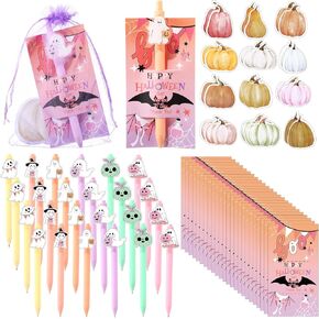 Epakh 96 Pcs Pink Halloween Party Gifts Bulk 24 Ghost Ballpoint Pens 24 Pumpkin Sticky Notes 24 Happy Halloween Cards with 24 Bags Boo Basket Gift for Classroom School Rewards Office Prize Supply in Saudi Arabia