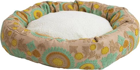 Creative Co-Op Round Floral Cotton and Sherpa Pet Bed with Removable Cover, Taupe, Green and Mint in Saudi Arabia