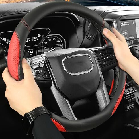 Car Steering Wheel Cover for GMC, Compatible with Sierra, Acadia, Canyon, Enyon, Terrain,Yukon, Premium Leather, Sporty Design, Black in Saudi Arabia