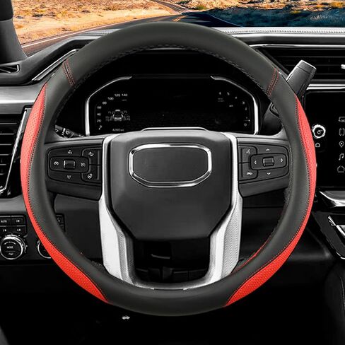 Car Steering Wheel Cover for GMC, Compatible with Sierra, Acadia, Canyon, Enyon, Terrain,Yukon, Premium Leather, Sporty Design, Black in Saudi Arabia