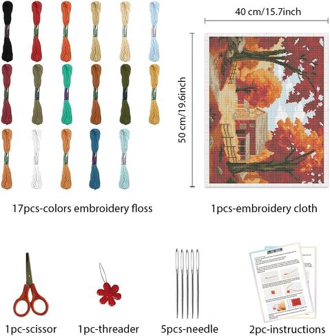 FREEBLOSS Cross Stitch Kits for Beginner Autumn Stamped Cross Stitch Kit DIY Embroidery Wall Painting Kit with Instructions 15.8" x 19.7" in Saudi Arabia
