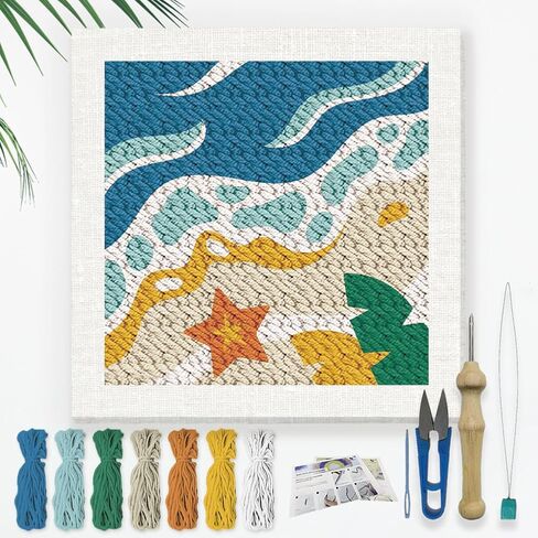 DOODLREAM BEACH DIY Punch Needle تطريز للمبتدئين البالغين ، 9.4 "Summer Sea Wave Punch Stitching Craft Latter مع إطار ، نمط النسيج ، الخيوط ، الغزل ، إبرة قرصة in Kuwait