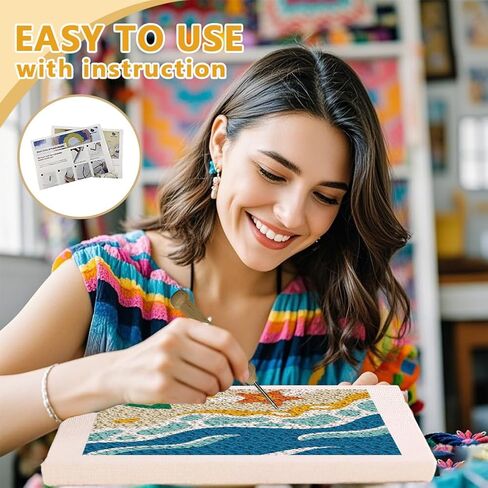 DOODLREAM BEACH DIY Punch Needle تطريز للمبتدئين البالغين ، 9.4 "Summer Sea Wave Punch Stitching Craft Latter مع إطار ، نمط النسيج ، الخيوط ، الغزل ، إبرة قرصة in Kuwait