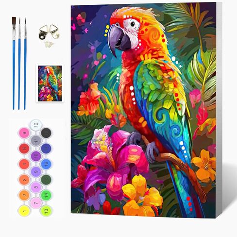 Auremi Parrot Paint بواسطة مجموعات الأرقام للبالغين ، والطلاء الحيوانية حسب الرقم على قماش مع لوحة DIY مع عدد مجموعات الطلاء الزيت الأكريليك للديكور المنزلي 8x12 بوصة in Kuwait