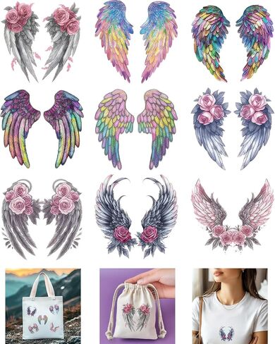 9pcs Rainbow Rose Angel Wings Flower Iron On Transfers for T-Shirts Rub on Transfers Stickers Vinyl Ready to Press Stickers Iron on Decals for T-Shirts Clothing Hoodie DIY Crafts in Saudi Arabia