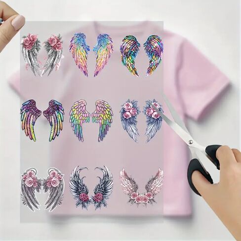 9pcs Rainbow Rose Angel Wings Flower Iron On Transfers for T-Shirts Rub on Transfers Stickers Vinyl Ready to Press Stickers Iron on Decals for T-Shirts Clothing Hoodie DIY Crafts in Saudi Arabia