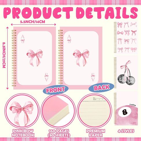 4 Pack A5 Bow Spiral Notebooks Coquette Bow Preppy Journal Cute Aesthetic Grandcover محكم الدفاتر مع مرجعية Point Pens for Preppy School School School School Afrack (Pink) in Kuwait