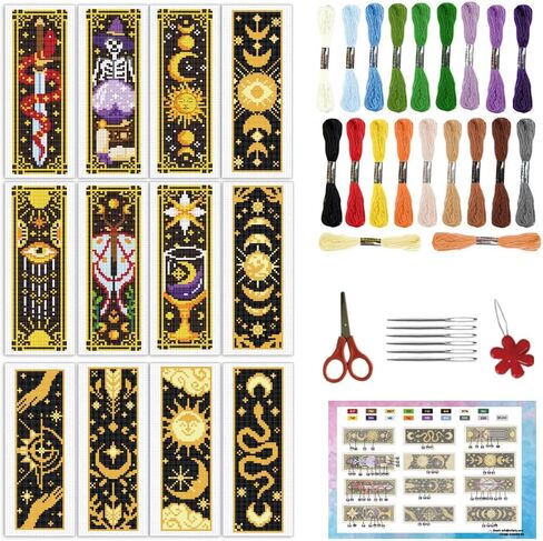 INFUNLY 12pcs Sun Moon Astrology Cross Stitch Bookmark Kit for Beginners DIY Evil Eye Stamped Embroidery Bookmark Kits Star Snake Needlepoint Kit with Instruction Easy Cross Stitch Set for Book Lovers in Saudi Arabia