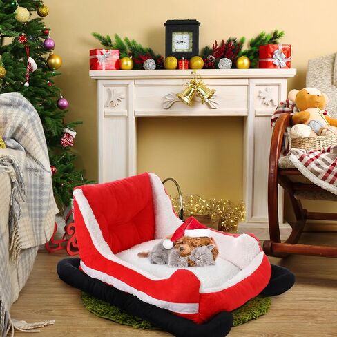Christmas Dog Bed Pet Red Sleigh Cat Sofa with Plush Synthetic Fur, Washable Cozy Christmas Pet Bed for Small to Large Dogs Indoor Outdoor Use(Red Black,32x22x15 Inch) in Saudi Arabia