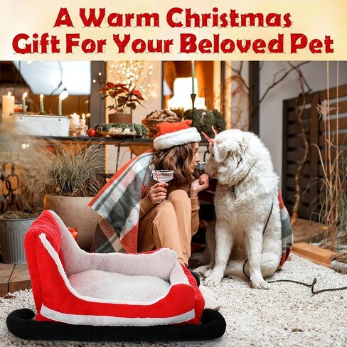 Christmas Dog Bed Pet Red Sleigh Cat Sofa with Plush Synthetic Fur, Washable Cozy Christmas Pet Bed for Small to Large Dogs Indoor Outdoor Use(Red Black,32x22x15 Inch) in Saudi Arabia