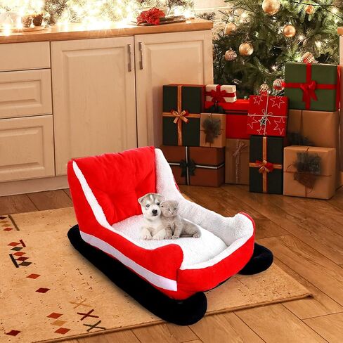Christmas Dog Bed Pet Red Sleigh Cat Sofa with Plush Synthetic Fur, Washable Cozy Christmas Pet Bed for Small to Large Dogs Indoor Outdoor Use(Red Black,32x22x15 Inch) in Saudi Arabia