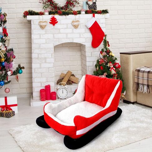 Christmas Dog Bed Pet Red Sleigh Cat Sofa with Plush Synthetic Fur, Washable Cozy Christmas Pet Bed for Small to Large Dogs Indoor Outdoor Use(Red Black,32x22x15 Inch) in Saudi Arabia
