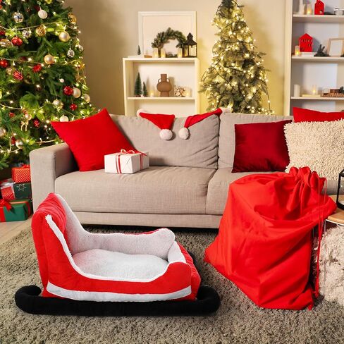 Christmas Dog Bed Pet Red Sleigh Cat Sofa with Plush Synthetic Fur, Washable Cozy Christmas Pet Bed for Small to Large Dogs Indoor Outdoor Use(Red Black,32x22x15 Inch) in Saudi Arabia