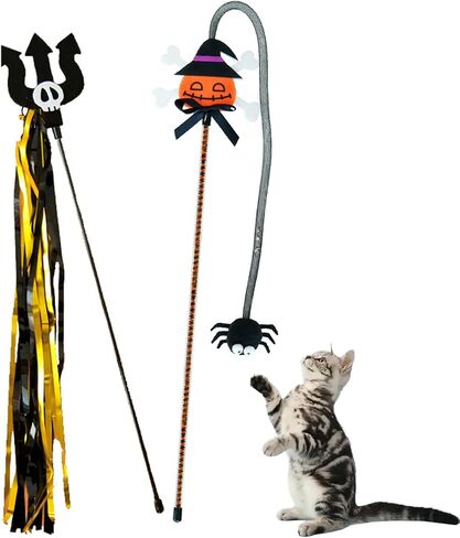 Halloween Cat Teaser Wand, 2 Pack Interactive Cat Wands Toys with Pumpkin Witch Spider and Trident Skull Tassels, Fun Exerciser for Kittens and Cats in Saudi Arabia