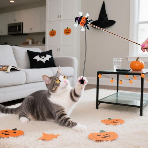 Halloween Cat Teaser Wand, 2 Pack Interactive Cat Wands Toys with Pumpkin Witch Spider and Trident Skull Tassels, Fun Exerciser for Kittens and Cats in Saudi Arabia