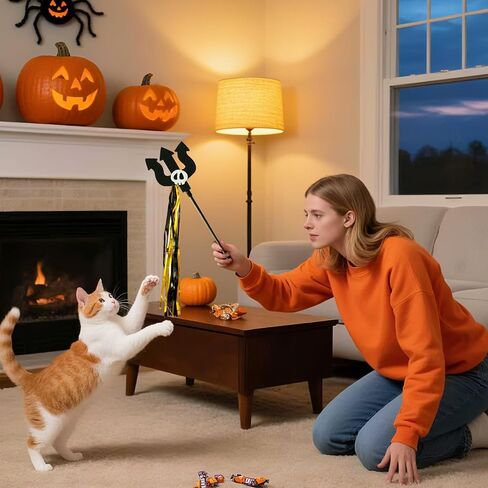 Halloween Cat Teaser Wand, 2 Pack Interactive Cat Wands Toys with Pumpkin Witch Spider and Trident Skull Tassels, Fun Exerciser for Kittens and Cats in Saudi Arabia