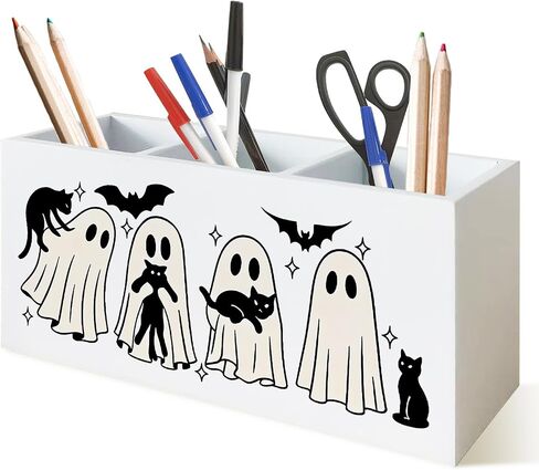 Halloween Spooky Ghost Pen حامل للمكتب ، Halloween Halloween Black Cat Bats Wooden Box Sign Decor in Kuwait