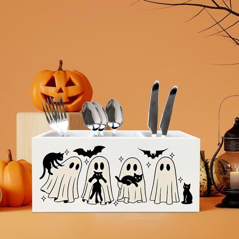 Halloween Spooky Ghost Pen حامل للمكتب ، Halloween Halloween Black Cat Bats Wooden Box Sign Decor in Kuwait