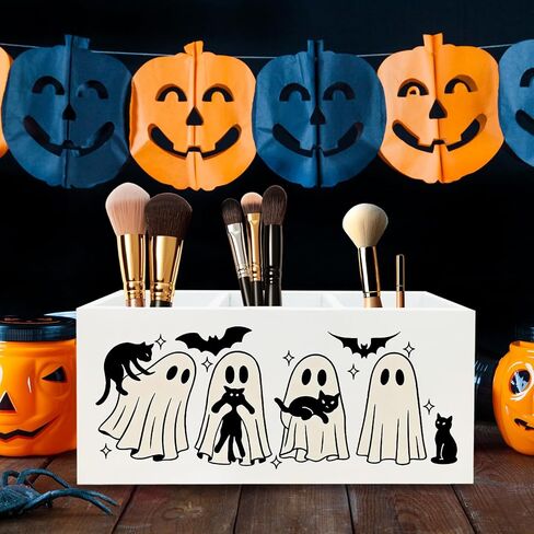 Halloween Spooky Ghost Pen حامل للمكتب ، Halloween Halloween Black Cat Bats Wooden Box Sign Decor in Kuwait