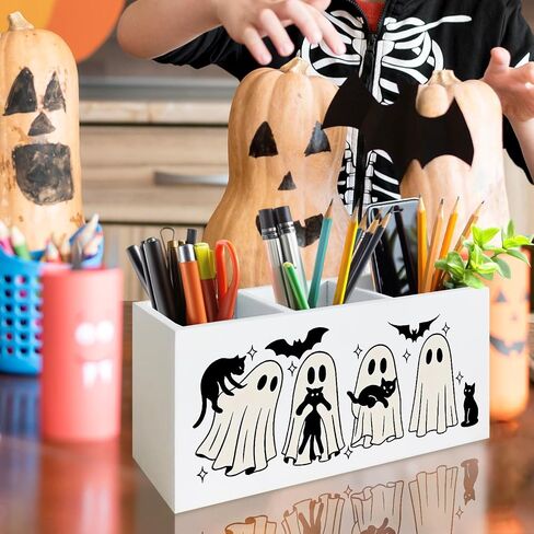 Halloween Spooky Ghost Pen حامل للمكتب ، Halloween Halloween Black Cat Bats Wooden Box Sign Decor in Kuwait