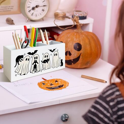 Halloween Spooky Ghost Pen حامل للمكتب ، Halloween Halloween Black Cat Bats Wooden Box Sign Decor in Kuwait