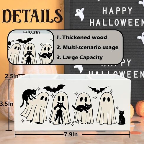 Halloween Spooky Ghost Pen حامل للمكتب ، Halloween Halloween Black Cat Bats Wooden Box Sign Decor in Kuwait