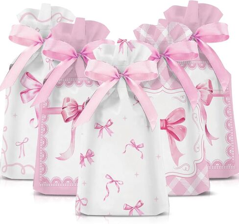Blosssound 48 Pcs Pink Bow Candy Bags 9.1 x 5.9 Inch Coquette Drawstring Plastic Treat Gift Goodie Bag Bulk for Birthday Weddings Bridal Shower Engagement Party Supplies in Saudi Arabia