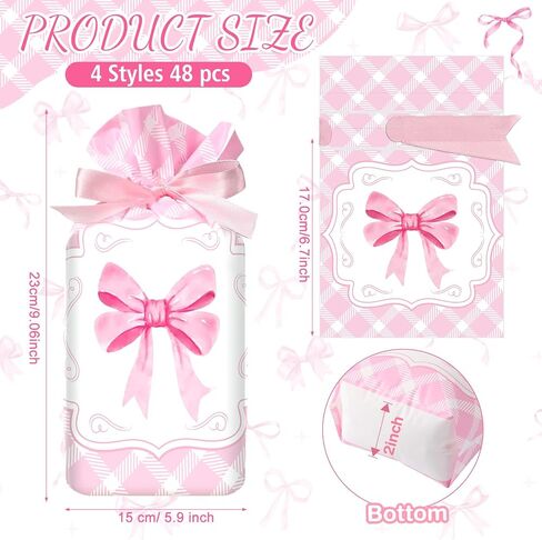 Blosssound 48 Pcs Pink Bow Candy Bags 9.1 x 5.9 Inch Coquette Drawstring Plastic Treat Gift Goodie Bag Bulk for Birthday Weddings Bridal Shower Engagement Party Supplies in Saudi Arabia