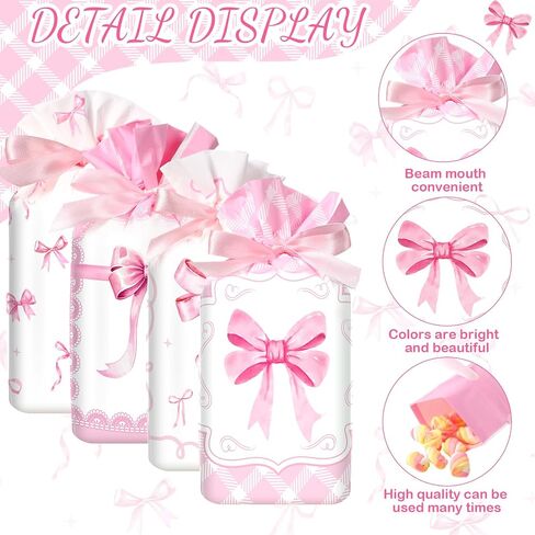 Blosssound 48 Pcs Pink Bow Candy Bags 9.1 x 5.9 Inch Coquette Drawstring Plastic Treat Gift Goodie Bag Bulk for Birthday Weddings Bridal Shower Engagement Party Supplies in Saudi Arabia