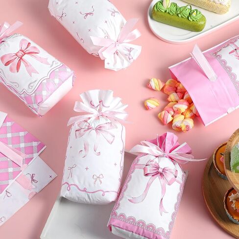 Blosssound 48 Pcs Pink Bow Candy Bags 9.1 x 5.9 Inch Coquette Drawstring Plastic Treat Gift Goodie Bag Bulk for Birthday Weddings Bridal Shower Engagement Party Supplies in Saudi Arabia