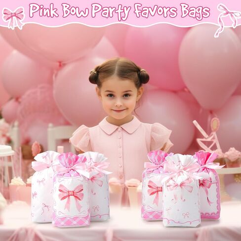 Blosssound 48 Pcs Pink Bow Candy Bags 9.1 x 5.9 Inch Coquette Drawstring Plastic Treat Gift Goodie Bag Bulk for Birthday Weddings Bridal Shower Engagement Party Supplies in Saudi Arabia