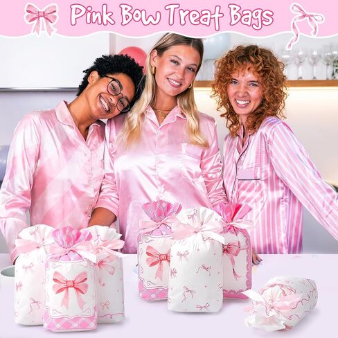 Blosssound 48 Pcs Pink Bow Candy Bags 9.1 x 5.9 Inch Coquette Drawstring Plastic Treat Gift Goodie Bag Bulk for Birthday Weddings Bridal Shower Engagement Party Supplies in Saudi Arabia