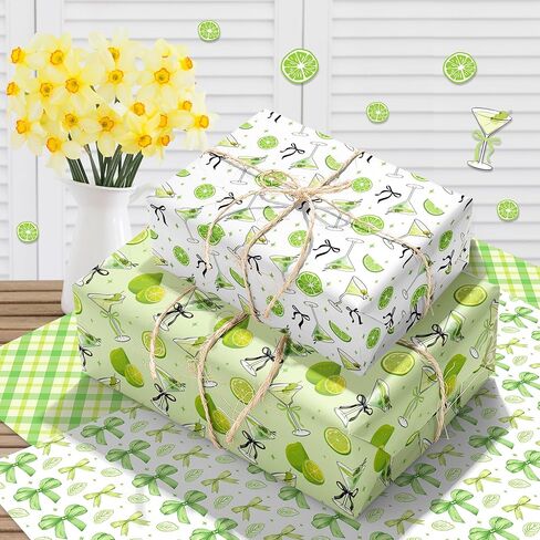 Ywdbzjhs 12 Sheets Martini Wrapping Paper, 19.7 x 27.6 Inch Green Bow Martini Glasses Gift Wrap Paper Folded Flat for Matte Bachelorette Party Birthday DIY Crafts, 6 Styles in Kuwait