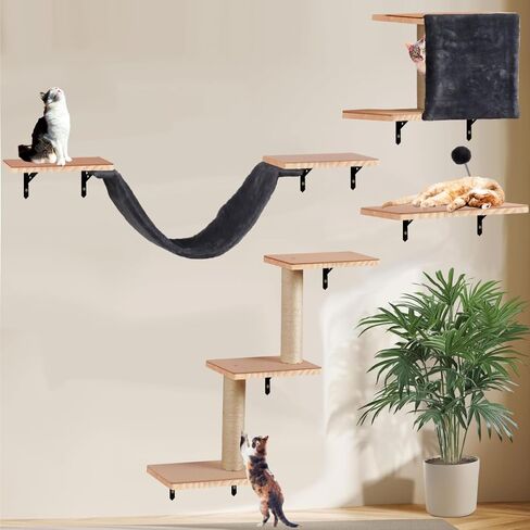 Cat Shelves for Wall, Solid Wood Cat Wall Furniture, with Cat's House, Bed, Hammock, Sisal Scratching Post Ladder (Dark Color) in Kuwait