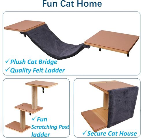 Cat Shelves for Wall, Solid Wood Cat Wall Furniture, with Cat's House, Bed, Hammock, Sisal Scratching Post Ladder (Dark Color) in Kuwait