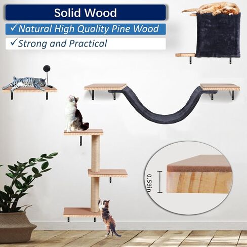 Cat Shelves for Wall, Solid Wood Cat Wall Furniture, with Cat's House, Bed, Hammock, Sisal Scratching Post Ladder (Dark Color) in Kuwait