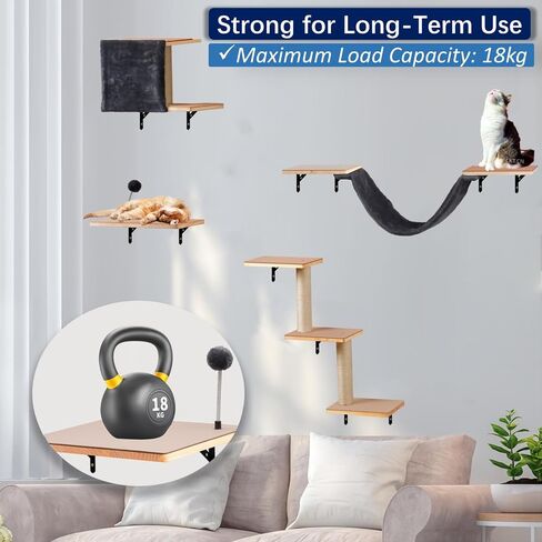Cat Shelves for Wall, Solid Wood Cat Wall Furniture, with Cat's House, Bed, Hammock, Sisal Scratching Post Ladder (Dark Color) in Kuwait