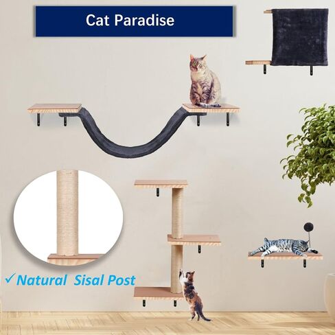 Cat Shelves for Wall, Solid Wood Cat Wall Furniture, with Cat's House, Bed, Hammock, Sisal Scratching Post Ladder (Dark Color) in Kuwait
